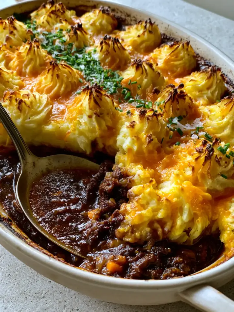 Potato topped beef pie with Glossy Mahogany Gravy and Cheddar Peaks 1 Top view of toasted golden-brown potato peaks and melted cheddar on a Potato topped beef pie.