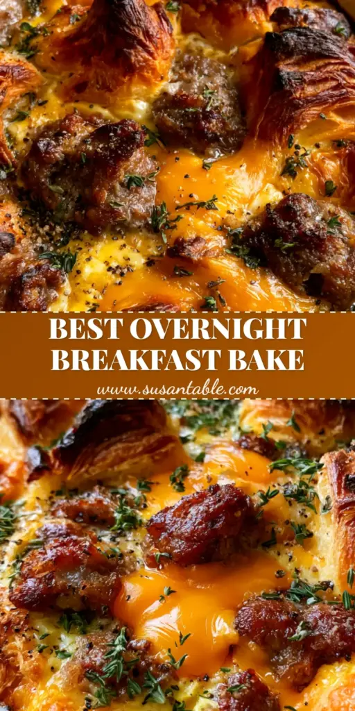 A close-up vertical shot of a Sausage Croissant Breakfast Casserole in a matte white dish featuring mahogany toasted peaks, seared pork sausage crumbles, and bubbling orange cheddar cheese.