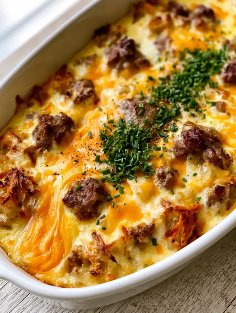 Paula Deen Breakfast Casserole: The Ultimate Cheesy Hash Brown and Sausage Bake 1 A landscape of bubbly melted sharp cheddar cheese with visible cheese pull and cracked black pepper garnish on a Paula Deen Breakfast Casserole.