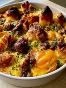 Sausage Croissant Breakfast Casserole showing the detailed lamination of the croissant layers and bubbling pools of melted cheddar cheese.