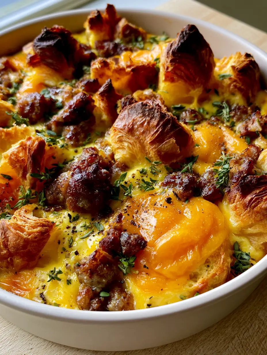 Sausage Croissant Breakfast Casserole showing the detailed lamination of the croissant layers and bubbling pools of melted cheddar cheese.