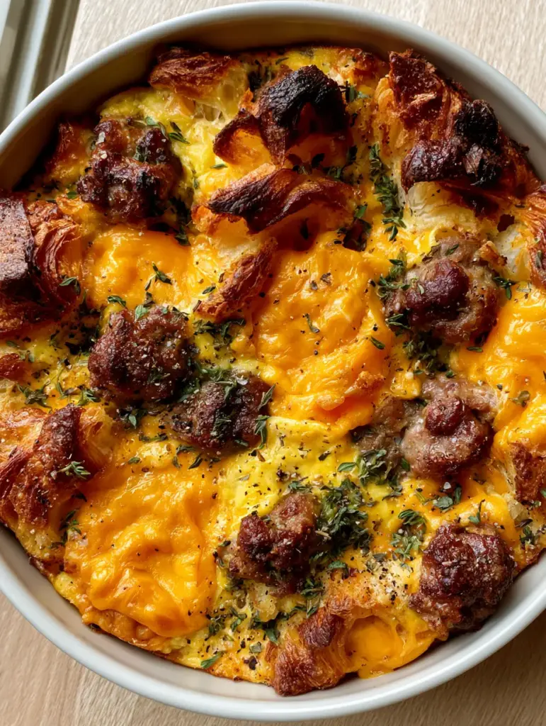 Macro view of the Sausage Croissant Breakfast Casserole garnished with fresh green thyme leaves and coarse cracked black pepper.