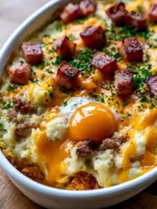 Extreme macro close-up of Mountain Man Crock Pot Breakfast showing bubbling molten cheddar and seared ham cubes.