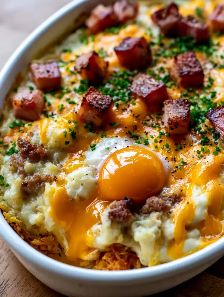 Mountain Man Crock Pot Breakfast: The Ultimate Crispy & Cheesy Morning Feast 2 Extreme macro close-up of Mountain Man Crock Pot Breakfast showing bubbling molten cheddar and seared ham cubes.