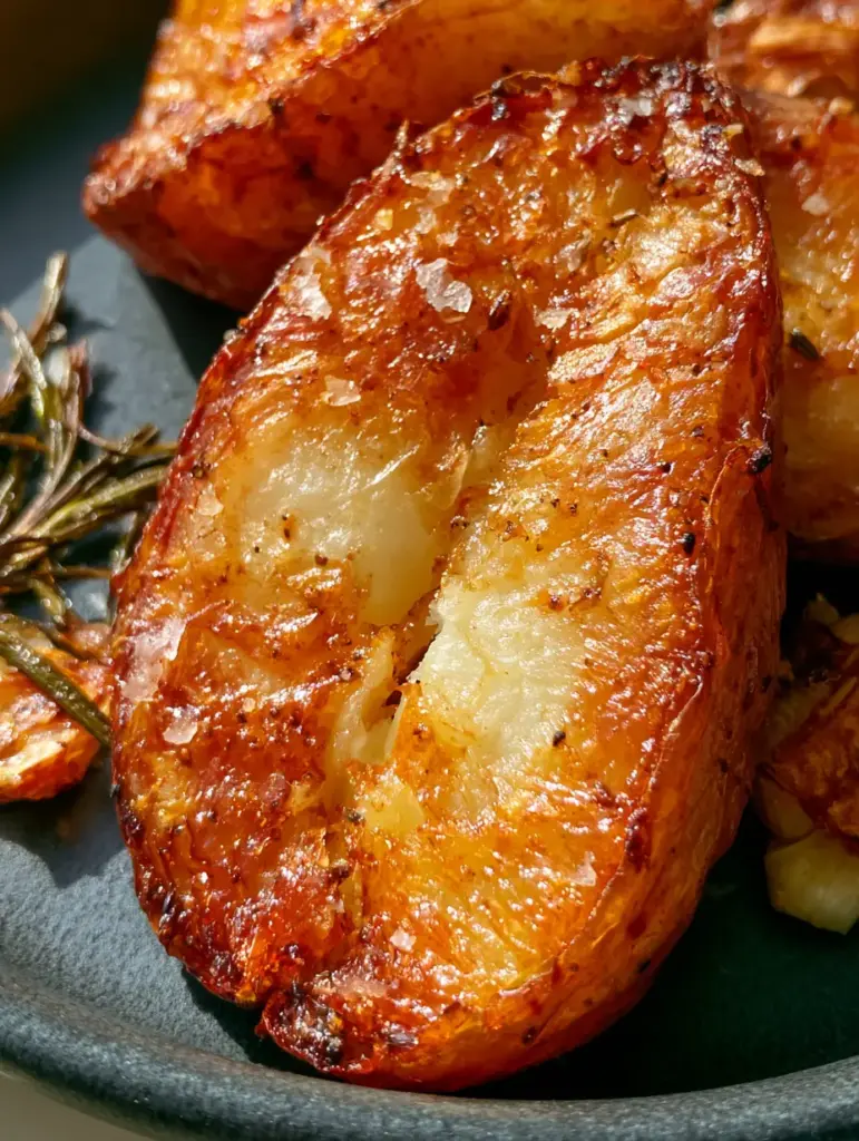Crispy Potato Perfection: The Ultimate Duck Fat Roasted Potato Recipe 1 Roasted crispy potato wedges on a charcoal plate with blistered rosemary and smashed garlic.