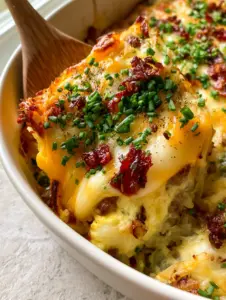 High-angle view of a golden-brown cheesy hash brown breakfast casserole garnished with chives and bacon in a white dish.