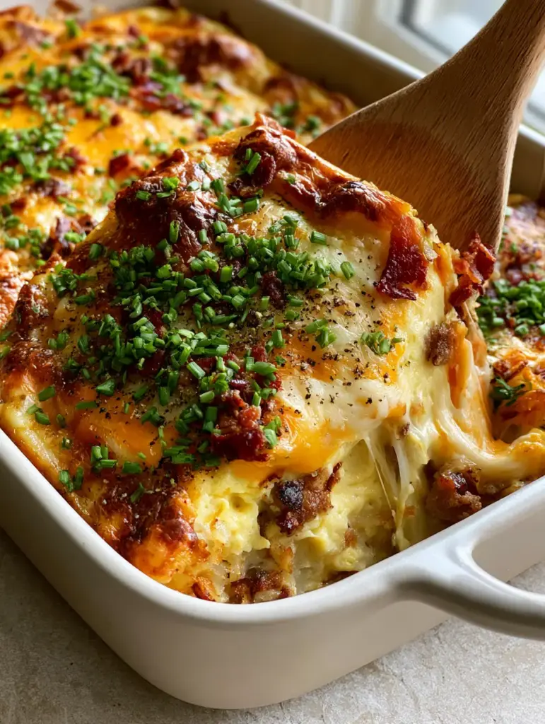 Close-up of the internal layers of a cheesy hash brown breakfast casserole showing fluffy eggs and seared potatoes.