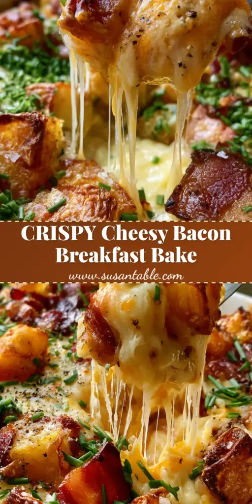 Cheesy Bacon Potato Breakfast Casserole with Crispy Gold Potatoes 4 A close-up vertical shot of a cheesy bacon potato breakfast casserole with bubbling cheese strings and crispy potatoes. (cheesy bacon potato breakfast casserole)