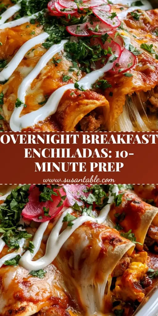 Breakfast Enchilada Casserole: The Ultimate Cheesy Morning Bake 4 A close-up shot of a breakfast enchilada casserole in a white dish, topped with bubbling cheese, red sauce, cilantro, and radishes.