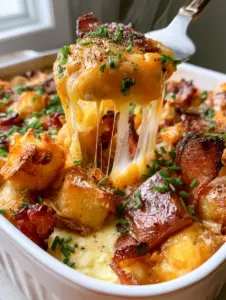 45-degree angle shot of a gourmet breakfast casserole in a white ceramic dish featuring charred bacon and gold potatoes. (cheesy bacon potato breakfast casserole)