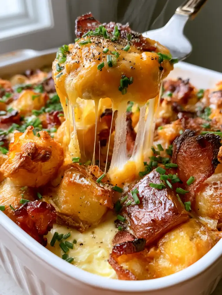 Cheesy Bacon Potato Breakfast Casserole with Crispy Gold Potatoes 2 45-degree angle shot of a gourmet breakfast casserole in a white ceramic dish featuring charred bacon and gold potatoes. (cheesy bacon potato breakfast casserole)