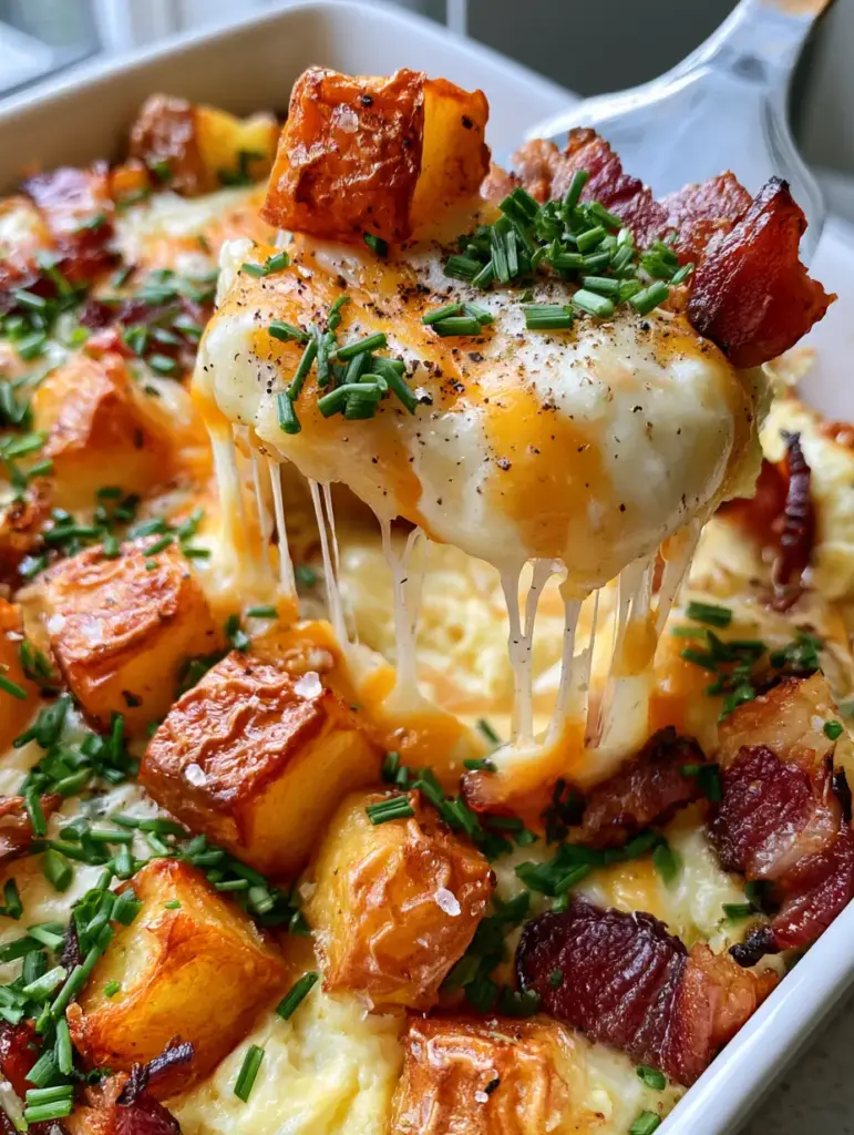 Cheesy Bacon Potato Breakfast Casserole with Crispy Gold Potatoes 1 A silver spatula lifting a slice of cheesy bacon potato breakfast casserole with long translucent cheese strings. (cheesy bacon potato breakfast casserole)
