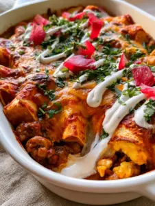 Smartphone photo of a breakfast enchilada casserole showing tightly rolled tortillas and vibrant garnishes. (breakfast enchilada casserole)