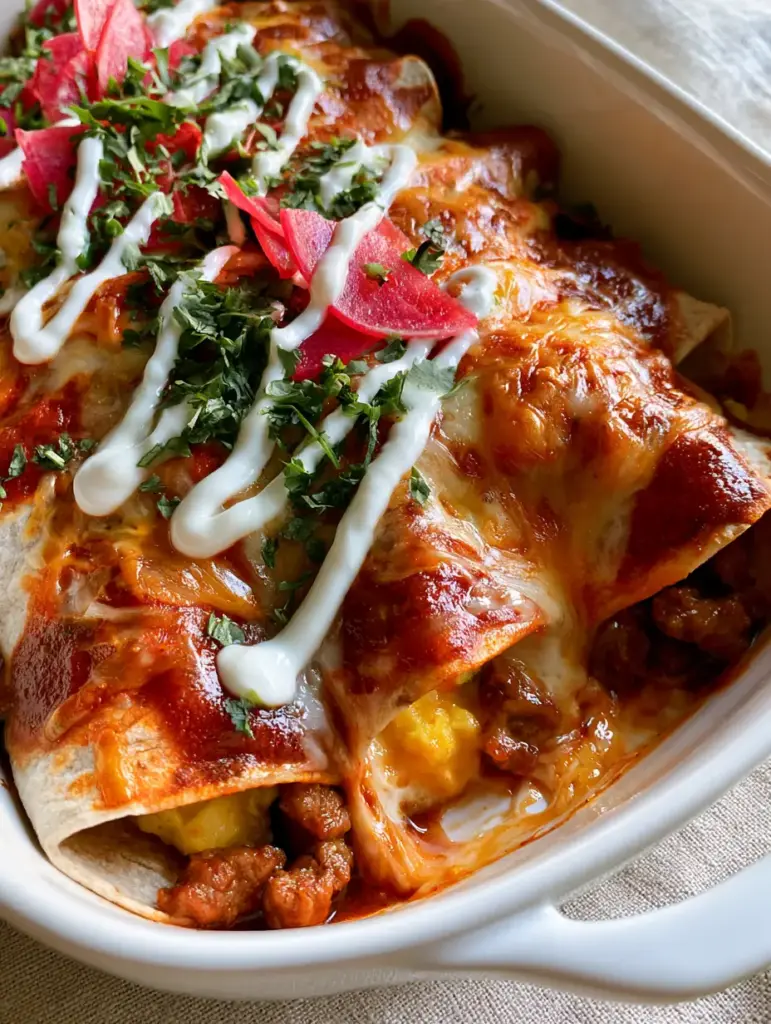 Breakfast Enchilada Casserole: The Ultimate Cheesy Morning Bake 1 One portion of breakfast enchilada casserole being lifted to reveal steam and a gooey cheese pull.