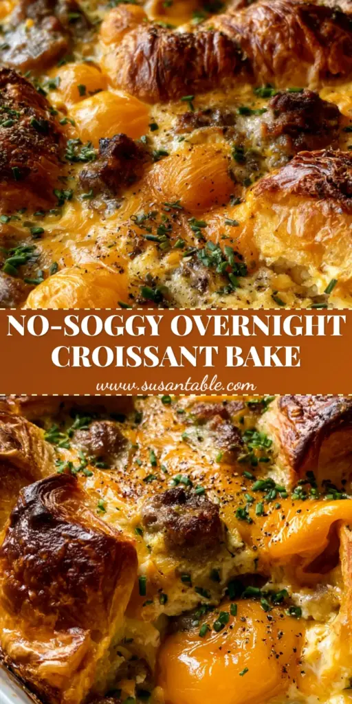 A close-up vertical shot of a Croissant bake breakfast casserole with golden flaky edges and melted orange cheddar cheese.