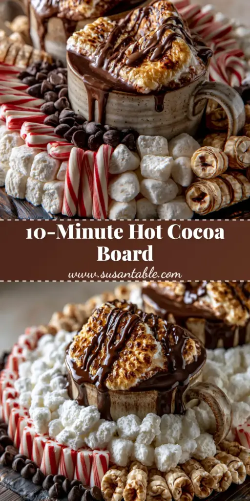Hot Cocoa Charcuterie Board: The Ultimate Festive Dessert Platter 4 A festive Hot cocoa charcuterie board on a dark wood platter featuring two mugs of cocoa with toasted marshmallows, hazelnut wafers, and peppermint sticks.