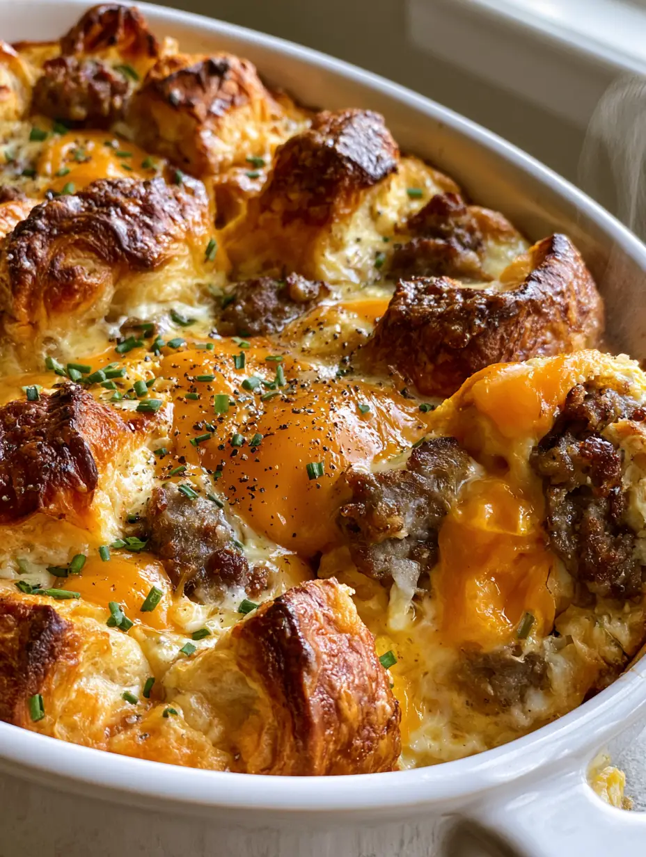 A handheld smartphone photo showing the crispy croissant peaks and bubbly cheddar cheese of a Croissant bake breakfast casserole.