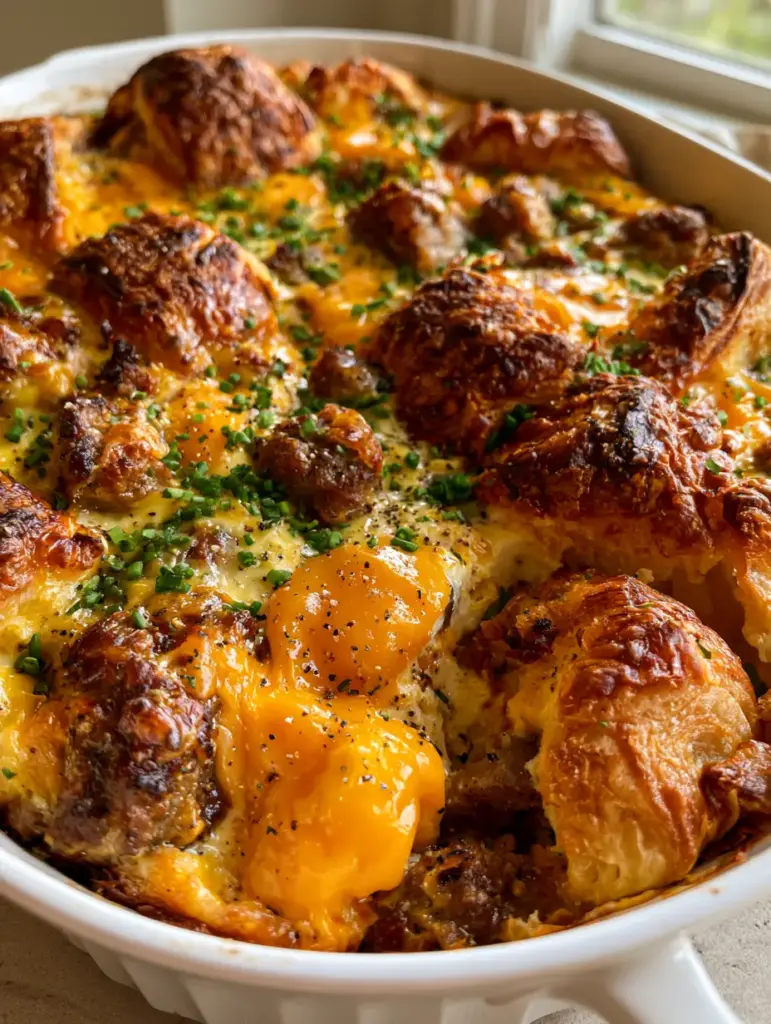 Steam rising from a freshly cut scoop of Croissant bake breakfast casserole in a white ceramic dish.