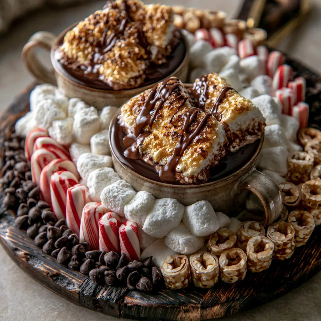 Hot Cocoa Charcuterie Board: The Ultimate Festive Dessert Platter 2 Top-down view of an abundant Hot cocoa charcuterie board with glossy chocolate drizzle and golden-brown marshmallows.