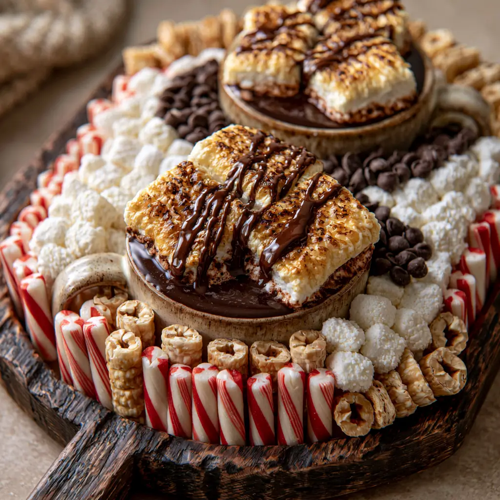 Hot Cocoa Charcuterie Board: The Ultimate Festive Dessert Platter 1 Close-up of toasted golden-brown marshmallows on a Hot cocoa charcuterie board.