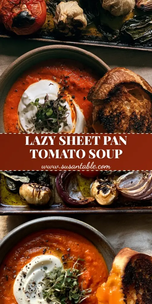 Roasted Tomato Soup with Blistered Garlic and Sourdough Grilled Cheese 4 A split screen showing a sheet pan of roasted tomatoes and a finished bowl of roasted tomato soup with a grilled cheese sandwich.