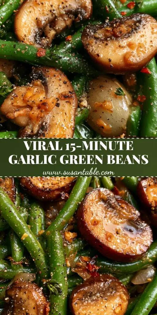 A top-down macro shot of green beans with mushrooms in a black skillet, glistening with garlic butter and red pepper flakes.
