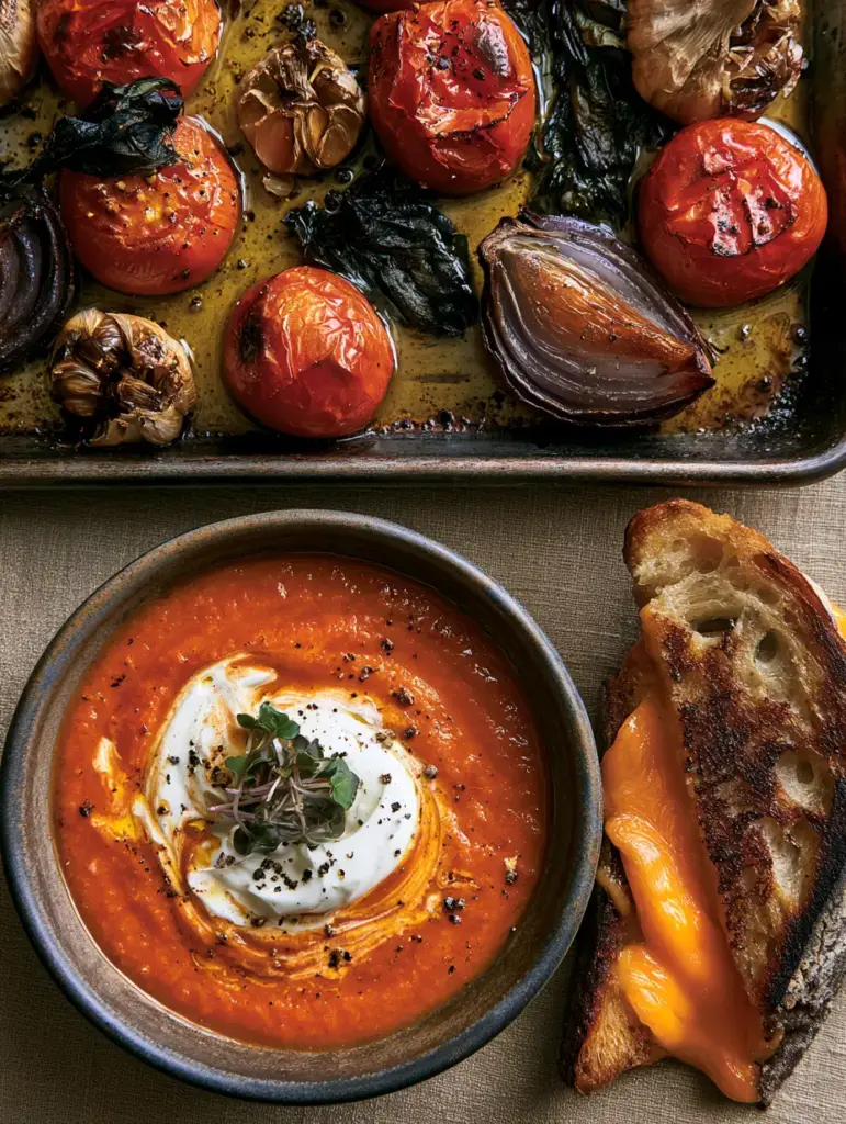 Roasted Tomato Soup with Blistered Garlic and Sourdough Grilled Cheese 2 A rustic dark metal sheet pan filled with blistered Roma tomatoes, charred garlic, and roasted red onions. (roasted tomato soup)