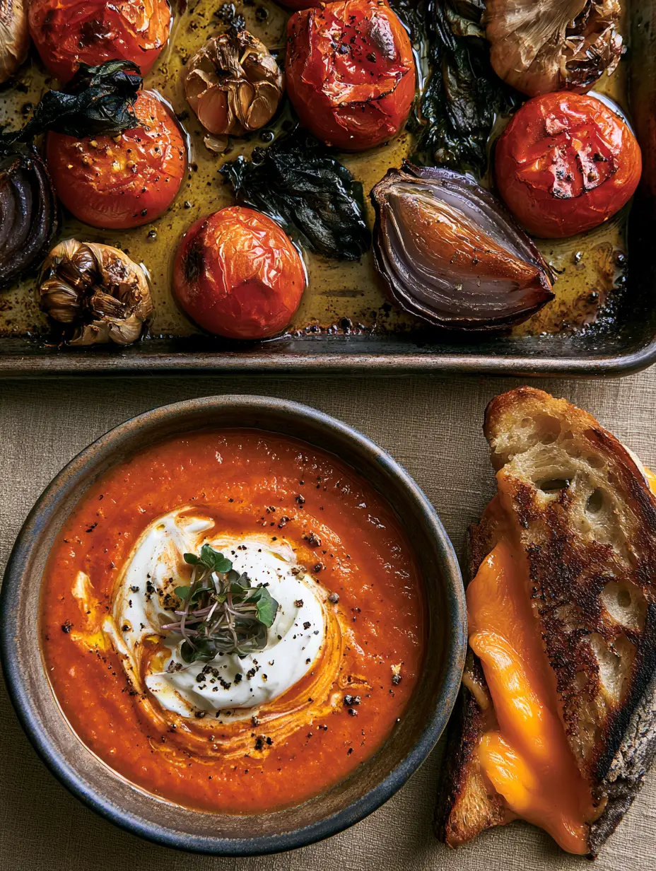 Roasted Tomato Soup with Blistered Garlic and Sourdough Grilled Cheese 3 A rustic dark metal sheet pan filled with blistered Roma tomatoes, charred garlic, and roasted red onions. (roasted tomato soup)
