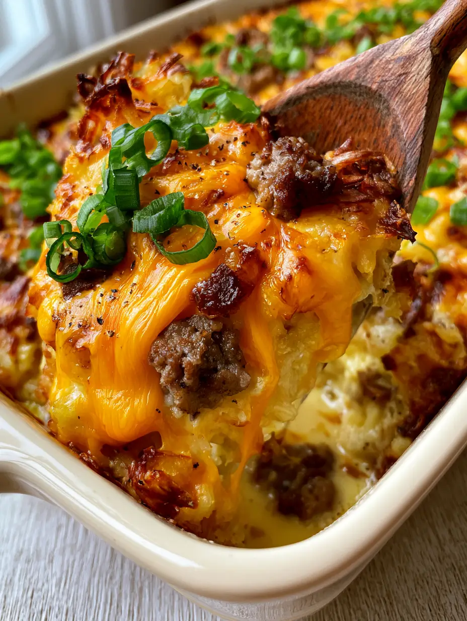 Sausage Hashbrown Breakfast Casserole with Crispy Golden Edges 3 Extreme close-up of sausage hashbrown breakfast casserole with bubbling orange cheddar and golden-brown potato shreds.