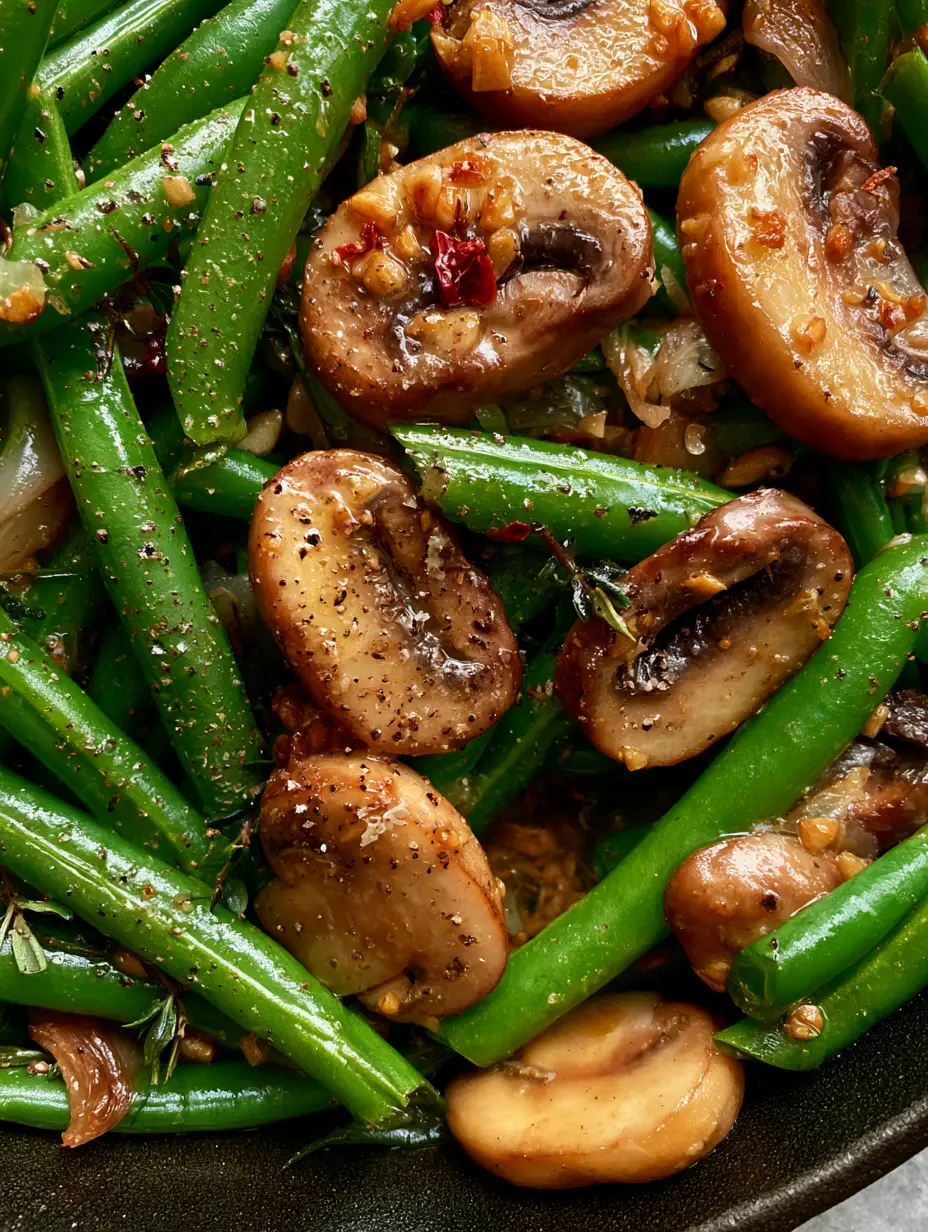Extreme close-up of vibrant green beans with mushrooms, showing toasted garlic and bubbling butter sauce.