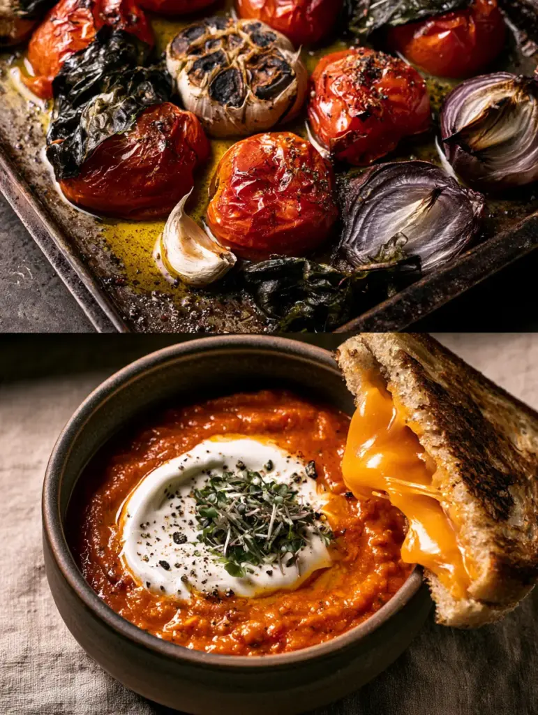 Roasted Tomato Soup with Blistered Garlic and Sourdough Grilled Cheese 1 A ceramic bowl of vibrant orange-red roasted tomato soup with a heavy cream swirl and micro-basil garnish.