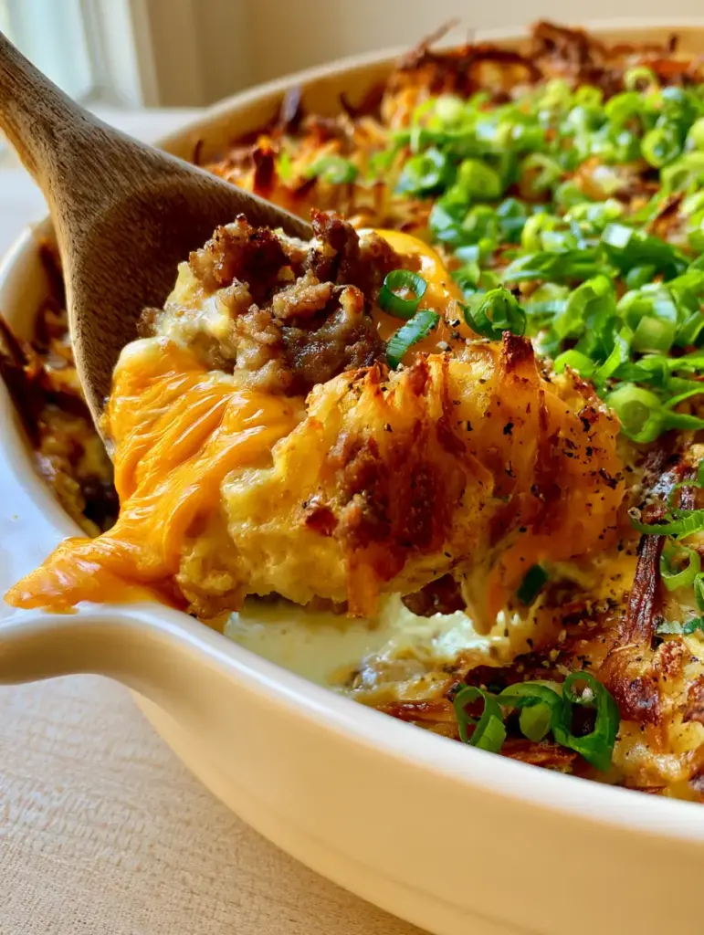 Sausage Hashbrown Breakfast Casserole with Crispy Golden Edges 1 A white stoneware dish filled with sausage hashbrown breakfast casserole garnished with green scallions.
