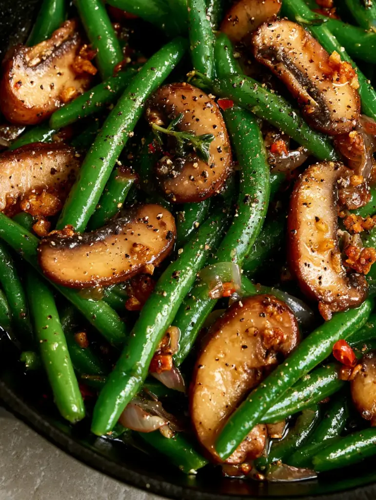 Detailed shot of cracked black pepper and micro-thyme scattered over sautéed green beans with mushrooms.