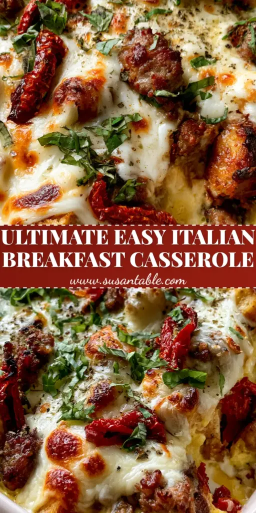 A close-up of a gourmet Italian breakfast casserole in a white dish featuring melted mozzarella with golden spots, sun-dried tomatoes, and fresh basil.