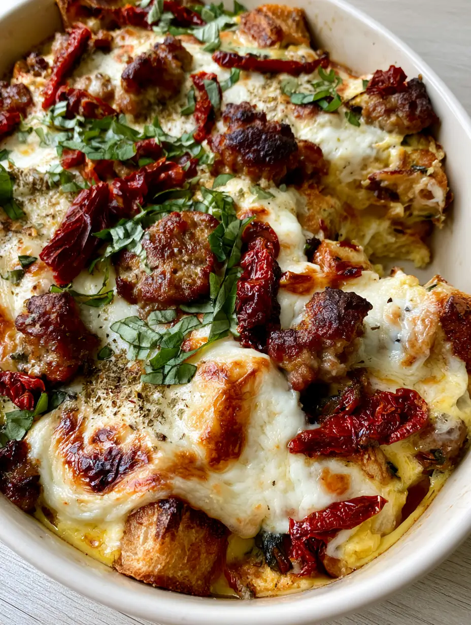 Top-down view of an Italian breakfast casserole with charred mozzarella, sausage crumbles, and red sun-dried tomato strips.