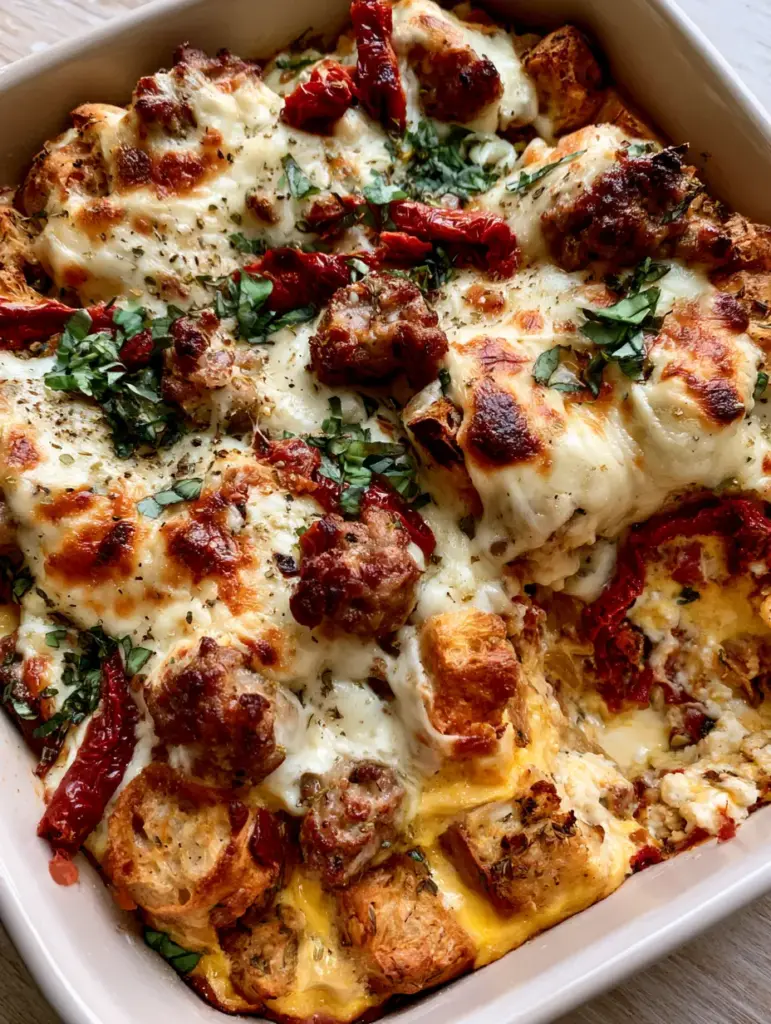 Angled close-up photo of bubbly cheese and fresh basil chiffonade on an Italian breakfast casserole.