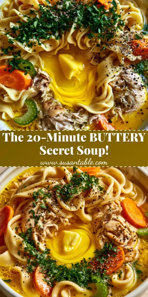 A rustic white bowl of Paula Deen chicken noodle soup with thick wavy noodles, shredded chicken, and a melting pat of butter in a golden broth.