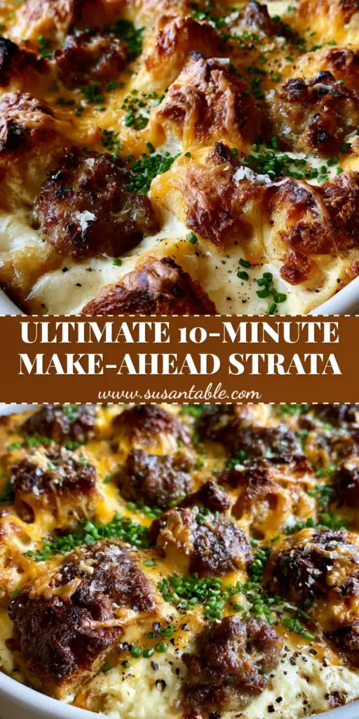 Sausage Cheese Strata with Crispy Sourdough and Gruyère 3 A handheld smartphone photo of a gourmet sausage cheese strata in a white ceramic dish with golden sourdough cubes and bubbling cheese.