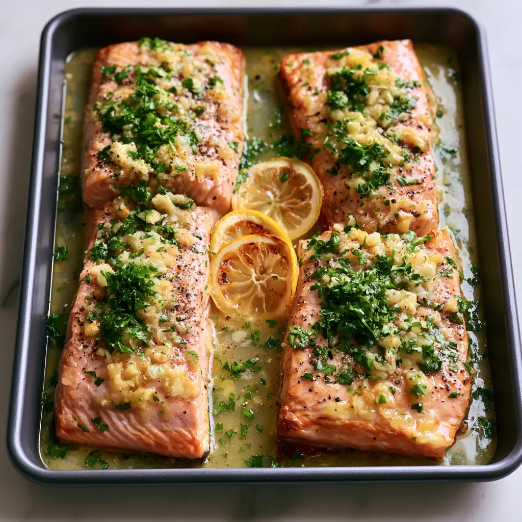 Baked Lemon Garlic Butter Salmon: The Ultimate 20-Minute Sheet Pan Masterpiece 2 Close-up of moist pink salmon layers with golden-brown edges and chunky minced garlic bits. (Baked Lemon Garlic Butter Salmon)