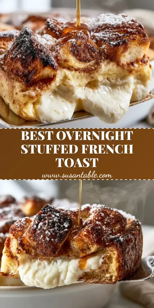 A vertical photo of a thick slice of Cream cheese French toast casserole being lifted with a silver spatula, showing melted cream cheese and maple syrup drizzle.