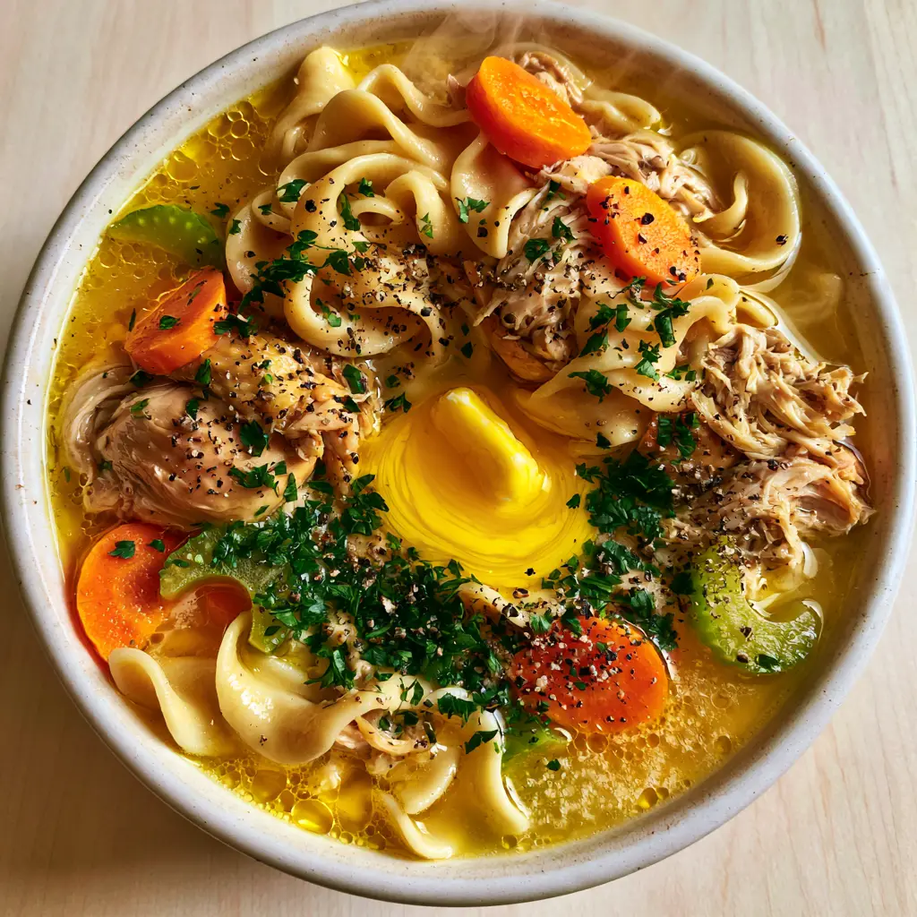 Close up shot of golden yellow broth in Paula Deen chicken noodle soup with glistening fat droplets and carrots.