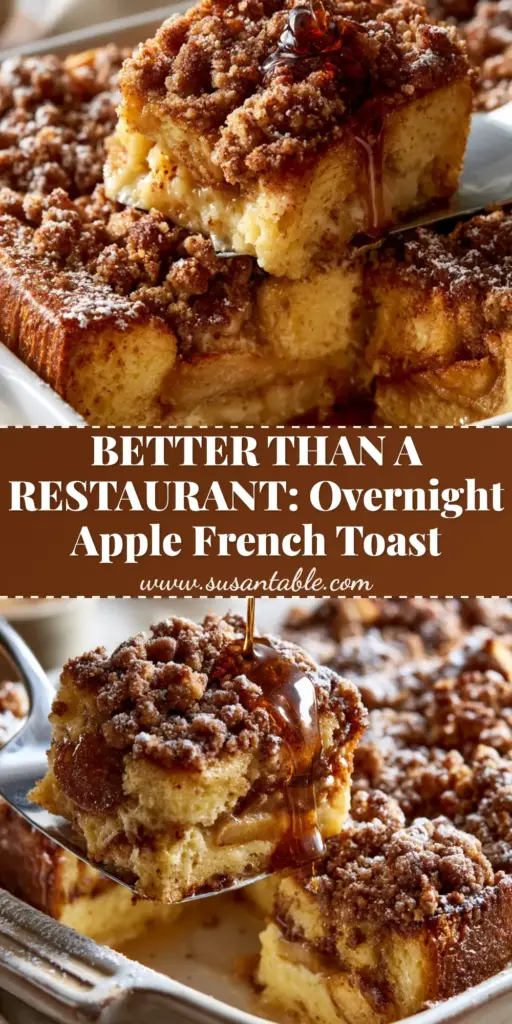 A close-up of Cinnamon Apple Baked French Toast Casserole being served with maple syrup drizzle and powdered sugar.
