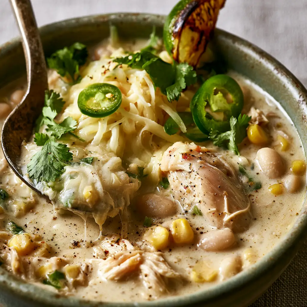 White Chicken Chili: The Ultimate Creamy 30-Minute Comfort Bowl 2 Close up shot of thick white chicken chili showing chunks of chicken, cannellini beans, and sweet corn. (white chicken chili)
