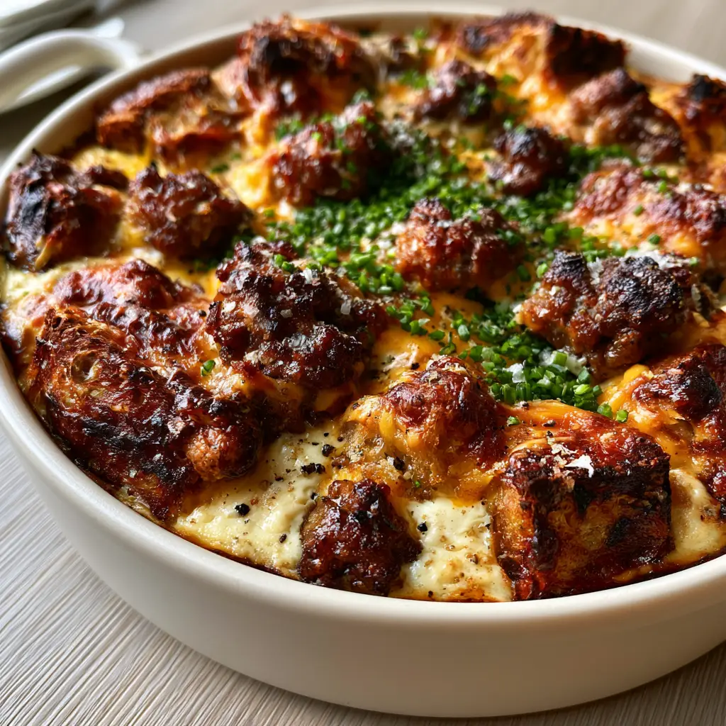 Sausage Cheese Strata with Crispy Sourdough and Gruyère 2 Close up of charred sourdough edges and melted cheddar on a sausage cheese strata.