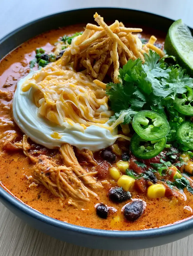 taco soup recipe: The Ultimate Velvety Rotisserie Chicken Version 2 Overhead view of a velvety orange-red taco soup recipe featuring fire-roasted tomatoes and lime. (taco soup recipe)