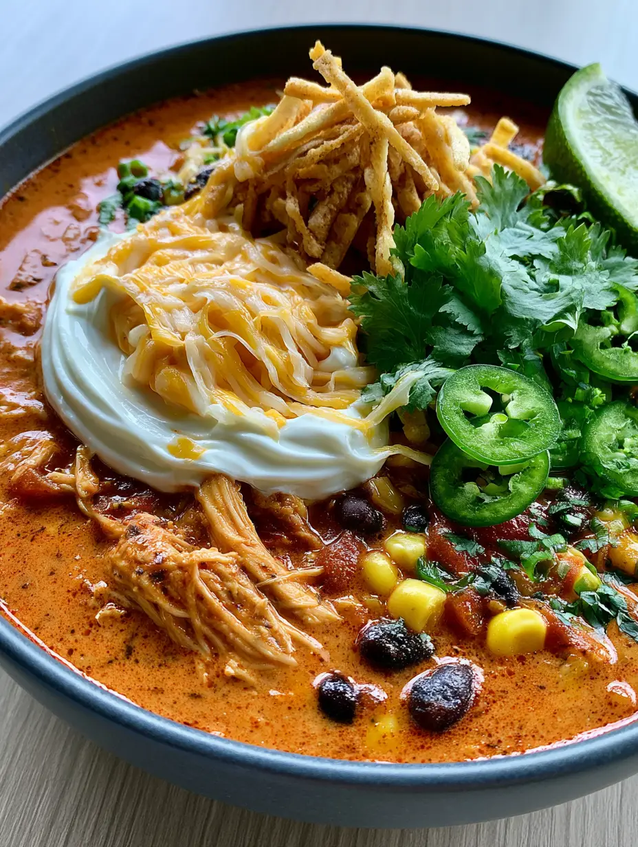 taco soup recipe: The Ultimate Velvety Rotisserie Chicken Version 4 Overhead view of a velvety orange-red taco soup recipe featuring fire-roasted tomatoes and lime. (taco soup recipe)