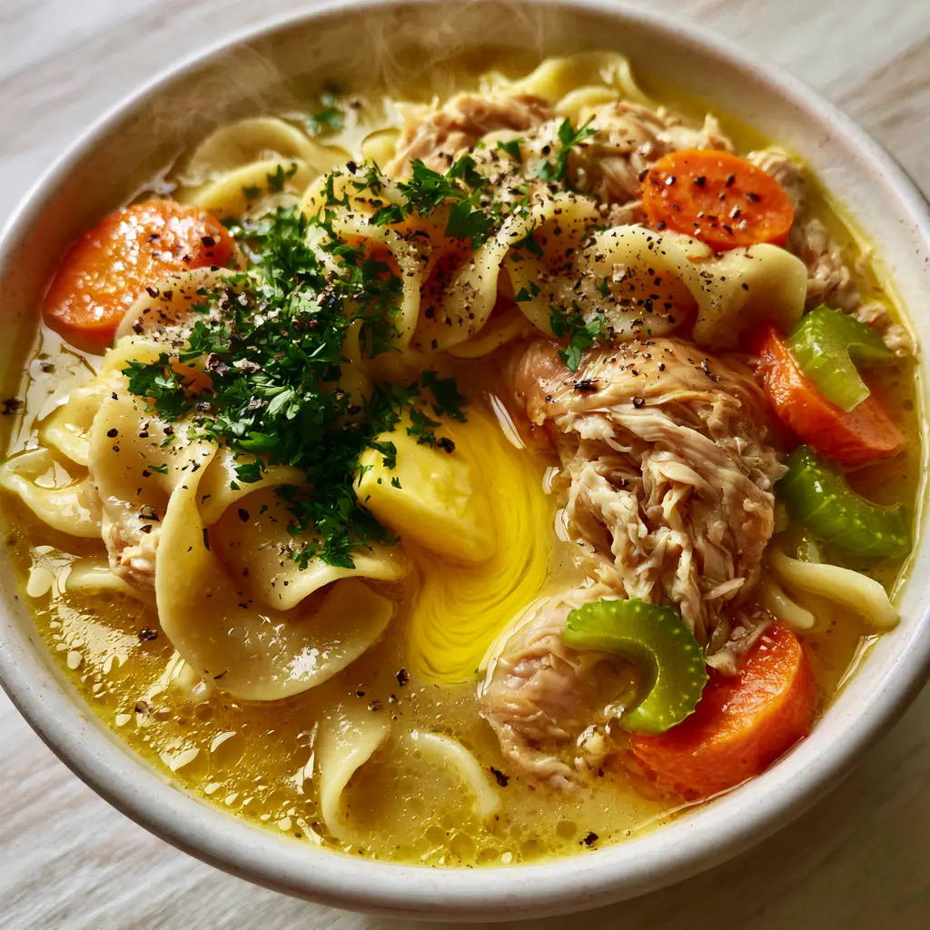 Spoon lifting thick wavy egg noodles and shredded rotisserie chicken from a bowl of Paula Deen chicken noodle soup.