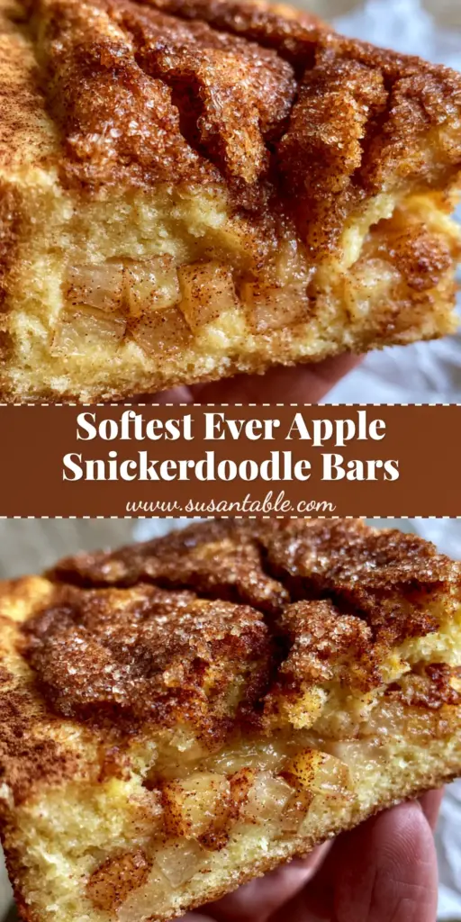 A handheld Apple Snickerdoodle Bar showing a thick cross-section with translucent apple cubes and a crackly cinnamon-sugar crust.