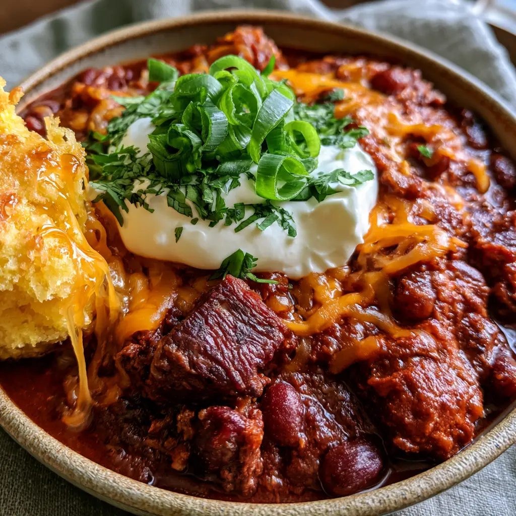 Chilli Con Carne with Seared Beef and Honey Cornbread 2 Close up of seared beef chunks in a mahogany Chilli sauce with melted orange cheddar cheese.