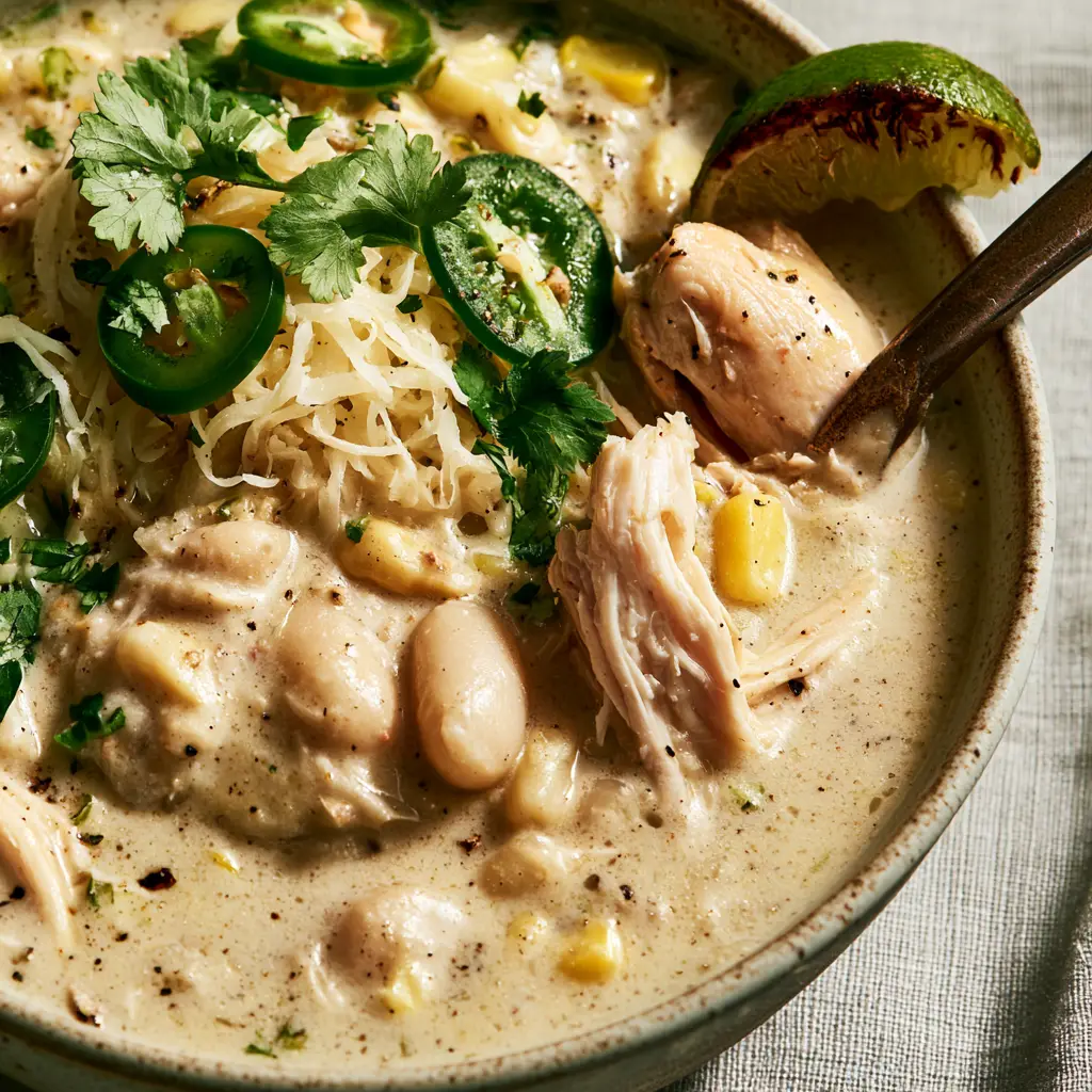 White Chicken Chili: The Ultimate Creamy 30-Minute Comfort Bowl 1 Professional food photography of white chicken chili garnished with fresh cilantro and a charred lime wedge.